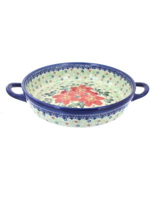 Blue Rose Polish Pottery Poinsettia Small Round Baker With Handles