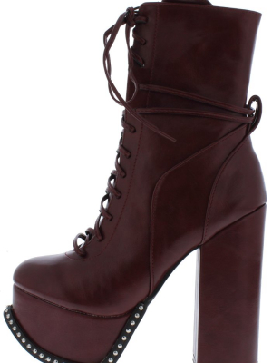 Emily175 Burgundy Lace Up Studded Platform Boot