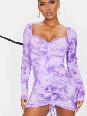 Lilac Washed Tie Dye Ruched Front Bodycon Dress