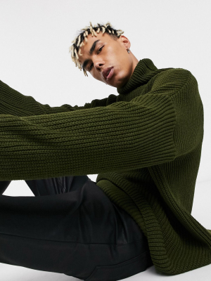 Asos Design Oversized Funnel Neck Sweater In Khaki