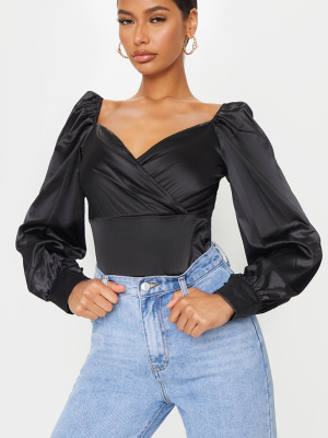 Black Satin Draped Front Long Sleeve Bodysuit