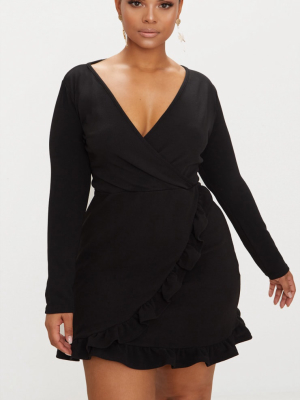 Plus Black Long Sleeve Ruffle Wrap Dress