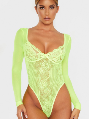 Neon Lime Long Sleeve Lace Insert High Leg...