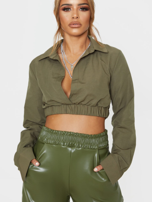 Petite Khaki Cropped Long Sleeve Blouse