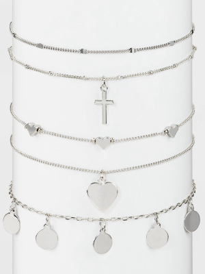 Heart And Cross Charm Choker Necklace Set 5ct - Wild Fable™ Dark Silver