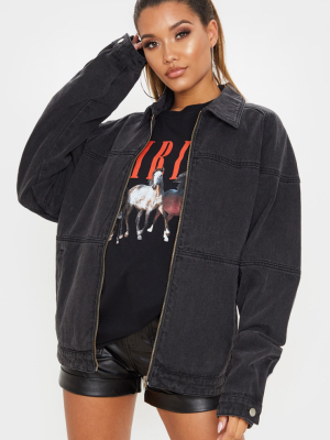 Washed Black Oversized Trucker Boyfriend Denim...