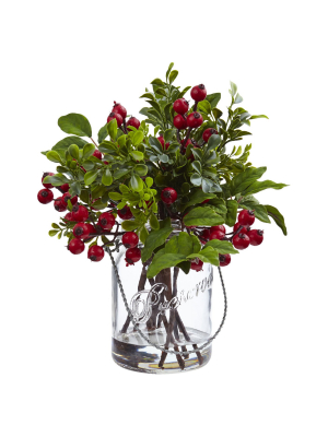 Berry Boxwood Arrangement In Glass Jar - Nearly Natural