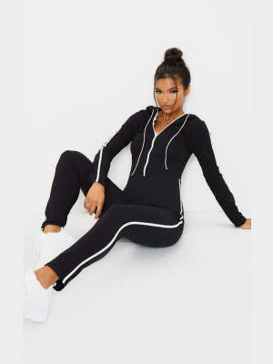 Black Hooded Sport Stripe Zip Jumpsuit