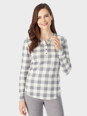 Warm Essentials By Cuddl Duds Women's Waffle Thermal Henley - Graphite/ivory Buffalo Check