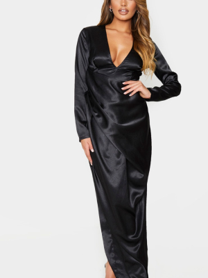 Black Satin Drape Detail Plunge Maxi Dress