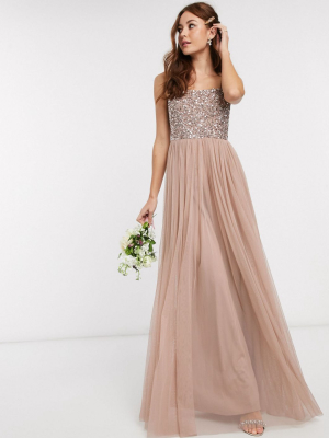 Maya Bridesmaid Sleeveless Square Neck Maxi Tulle Dress With Tonal Delicate Sequin Overlay In Taupe Blush