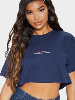 Navy Los Angeles Usa Embroidered Slogan Crop T...