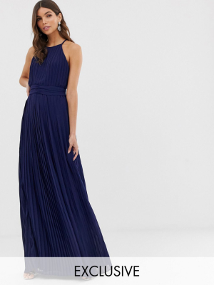 Tfnc Bridesmaid Exclusive High Neck Pleated Maxi Dress In Navy