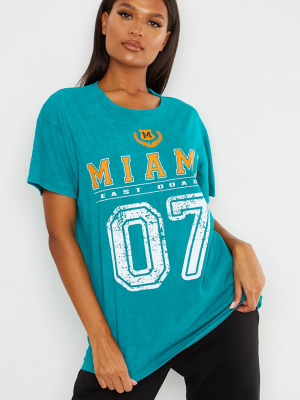 Teal Miami Distressed Print Washed T Shirt