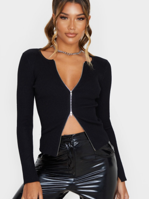 Black Zip Front Knit Top