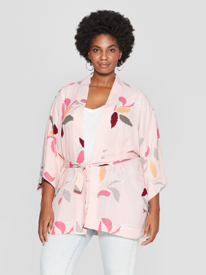 Women's Plus Size Grounded Floral Kimono - A New Day™ Pink