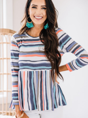 Let's Find Out Blue Striped Bubble Sleeve Top