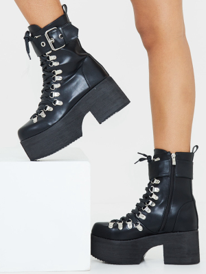 Black Buckle Lace Up Detail Eyelet Platform...