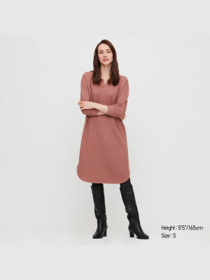 Women Waffle Key Neck 3/4-sleeve Dress