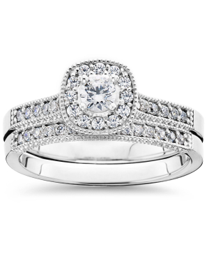 Pompeii3 5/8ct Diamond Bridal Vintage Engagement Ring Set 10k White Gold