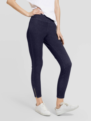 Hue Studio Women's Mid-rise Ankle Zipper Denim Skimmer Leggings - Dark Denim Wash