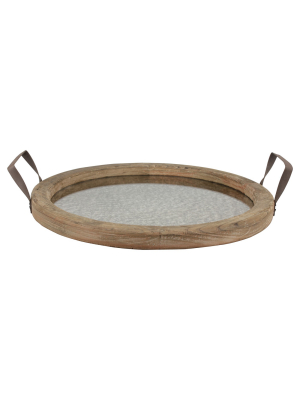 Stonebriar Round Rustic Wooden Tray With Distressed Mirror