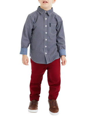 Boys' Blue Long-sleeve Button-down Shirt & Red Pant Set (sizes 4-7)
