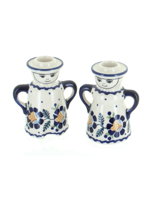 Blue Rose Polish Pottery Sunflower Lady & Man Candle Holders