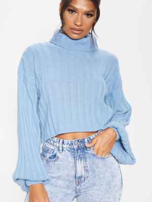 Dusty Blue Balloon Sleeve Roll Neck Ribbed Sweater