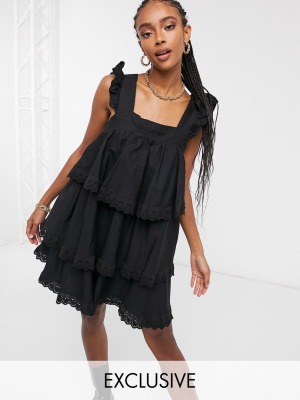 Reclaimed Vintage Inspired Mini Smock Dress With Tiers And Lace In Black