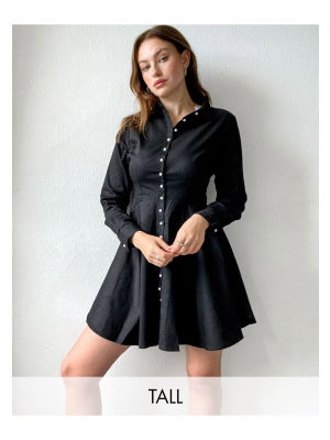 Missguided Tall Shirt Dress With Pearl Button Detail In Black