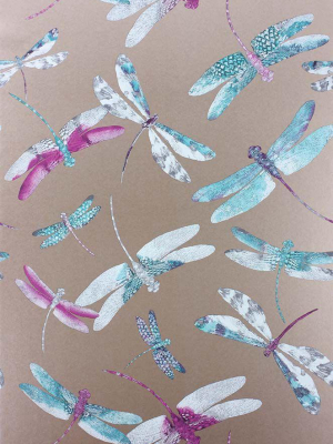 Dragonfly Dance Wallpaper In Plum And Metallic Copper From The Samana Collection By Matthew Williamson