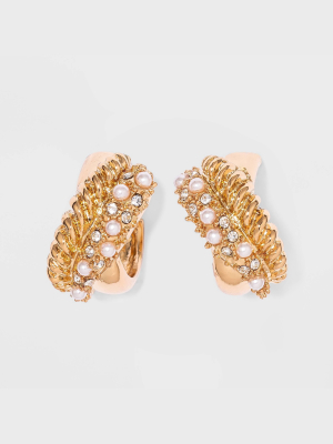 Pearl And Crystal Huggie Hoop Earrings - A New Day™ Gold