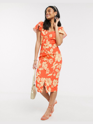 Paper Dolls Flutter Sleeve Wiggle Dress In Orange Floral