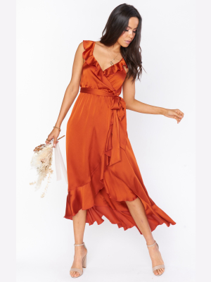 Samantha Ruffle Wrap Dress ~ Burnt Orange Luxe Satin