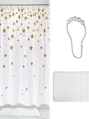 Falling Star Shower Curtain With Memory Foam Mat And Ring Bundle White/gold - Idesign