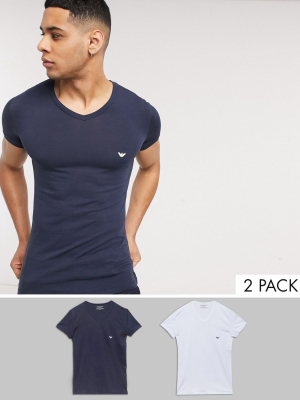 Emporio Armani Loungewear 2 Pack V Neck Logo Lounge T-shirts In White And Navy