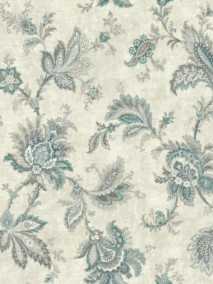 Classical Jacobean Wallpaper In Green And Silver From The Caspia Collection By Wallquest