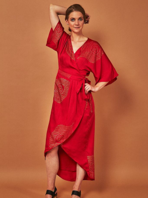 Peacock Feather Modal Wrap Dress - Lipstick Red + Gold