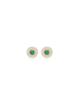 14k Round Emerald Studs With Pave Halo