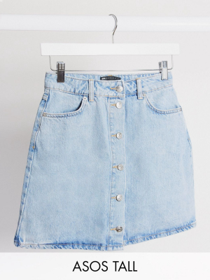 Asos Design Tall Denim Button Through Skirt In Blue