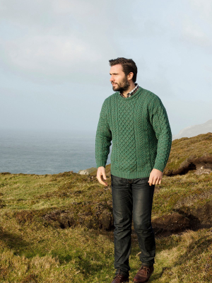 Mens Traditional Aran Sweater In Green