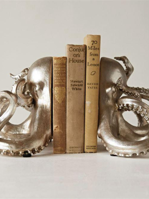 Set Of 2 Octopus Bookends In Silver