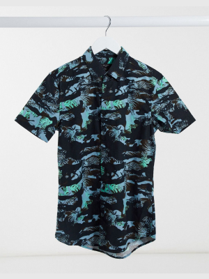 New Look Tropical Viscose Short Sleeve Shirt In Blue