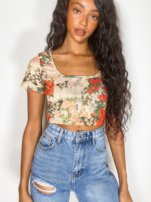 Beige Print Short Sleeve Crop Top