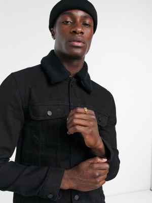 Asos Design Denim Jacket In Black With Black Shearling Collar