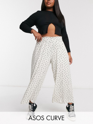 Asos Design Curve Shirred Waist Culotte Pants In Polkadot Print