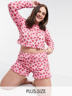 Outrageous Fortune Plus Sleepwear Frilly Long Sleeve Top In Pink Strawberry Print