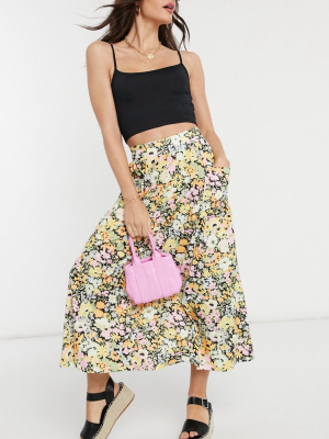 Asos Design Printed Pocket Midi Skirt In Floral Print