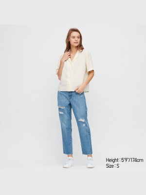 Women Linen Blend Short-sleeve Shirt